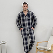 Чоловіча тепла піжама F601P сорочка та штани Cosy клітинка темно-синя-сіра