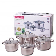 Набір посуду з нержавіючої сталі 8 предметів для індукції та газу 2.1л, 2.9л, 3.9л, 6.5л Kamille 5632S
