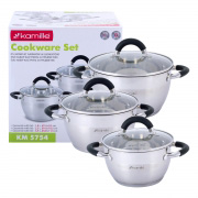Набір каструль із нержавіючої сталі 6 предметів для індукції та газу 1.8л, 2.5л, 3.5л Kamille 5754