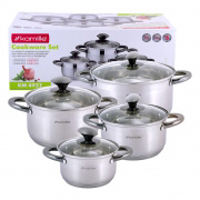 Набір каструль із нержавіючої сталі 8 предметів для індукції та газу 1.5л, 2.0л, 3.0л, 5.0л Kamille 4927