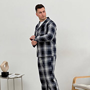 Мужская пижама-тройка P-F601P+f01 рубашка-штаны-футболка Cosy клетка сине-серая