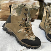 Шкіряні берці з конопляною тканиною Високі зимові із захищеними п'ятою та носком Ukono світло-коричневий, піксель