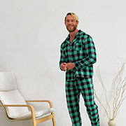 Чоловіча фланелева піжама P-F201P_N сорочка та штани Cosy клітинка зелено-чорна