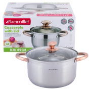 Каструля з кришкою 5л з нержавіючої сталі та порожнистими ручками для індукції та газу Kamille 4934