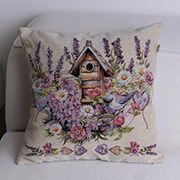 Декоративна гобеленова подушка Пташка біля шпаківні Лавандовий садочок Прованс