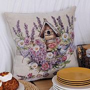 Декоративна гобеленова наволочка Пташка біля шпаківні Лавандовий садочок Прованс