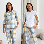 Жіноча піжама-трійка P-F51P+P-F01ws сорочка-штани-футболка Cosy сіро-жовтий у клітинку