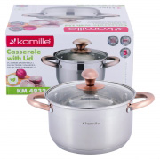 Каструля з кришкою 3л з нержавіючої сталі та порожнистими ручками для індукції та газу Kamille 4932