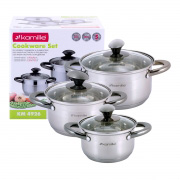 Набір каструль із нержавіючої сталі 6 предметів для індукції та газу 1.0л, 1.5л, 2.0л Kamille 4926