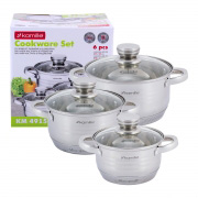 Набір каструль із нержавіючої сталі 6 предметів для індукції та газу 1.5л, 2.0л, 3.0л Kamille 4915