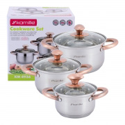 Набір каструль із нержавіючої сталі 6 предметів для індукції та газу 1.0л, 1.5л, 2.0л Kamille 4936