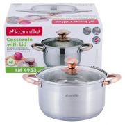 Каструля з кришкою 4.5л з нержавіючої сталі та порожнистими ручками для індукції та газу Kamille 4933