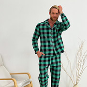 Чоловіча фланелева піжама F201P_N сорочка та штани Cosy клітинка зелено-чорна