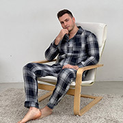 Чоловіча фланелева піжама P-F106P сорочка та штани Cosy в синьо-сіру клітинку
