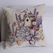 Декоративна гобеленова подушка Пташка на шпаківні Лавандовий садочок Прованс